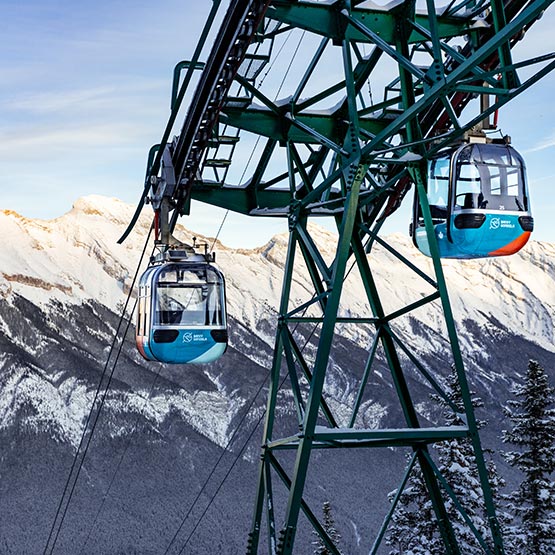 The gondolas travelling up and down the cable