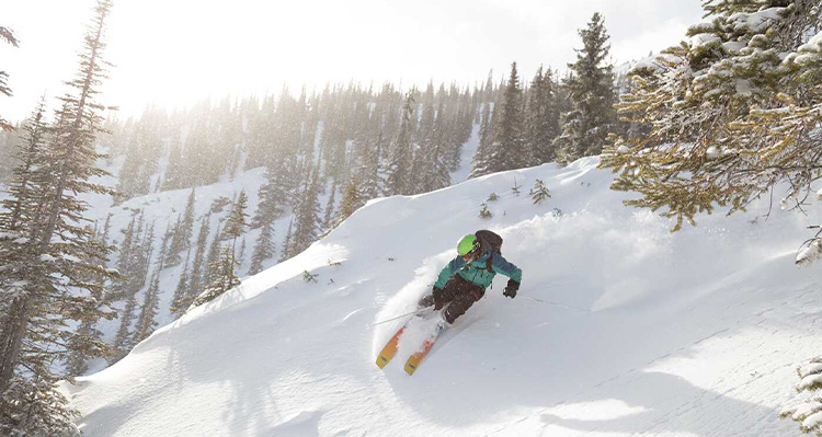 Person skiing through powder snow in Jasper